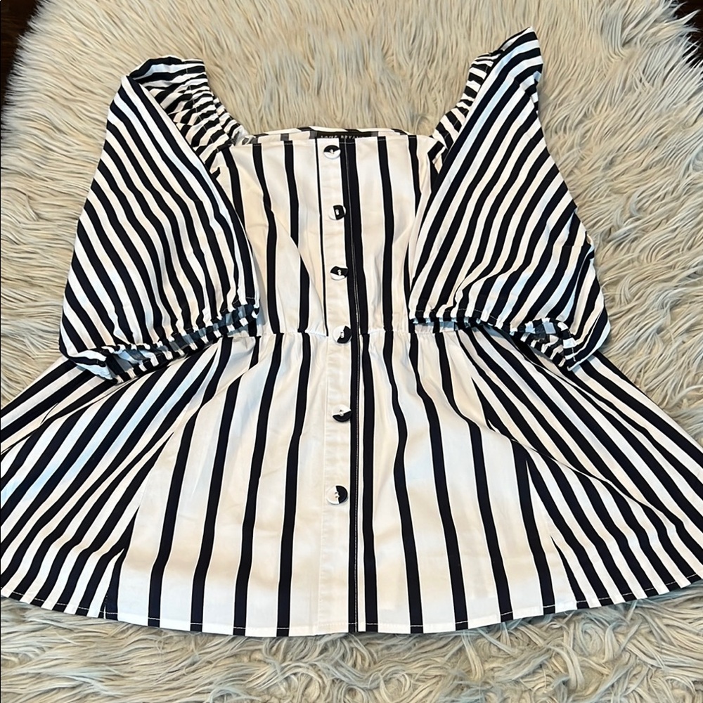 Lane Bryant Black and White Peplum Blouse with Puff Sleeves